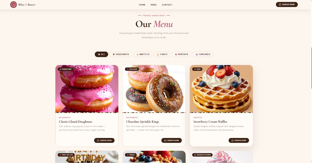 Bliss & Batter website — menu page with doughnuts, waffles and filter categories