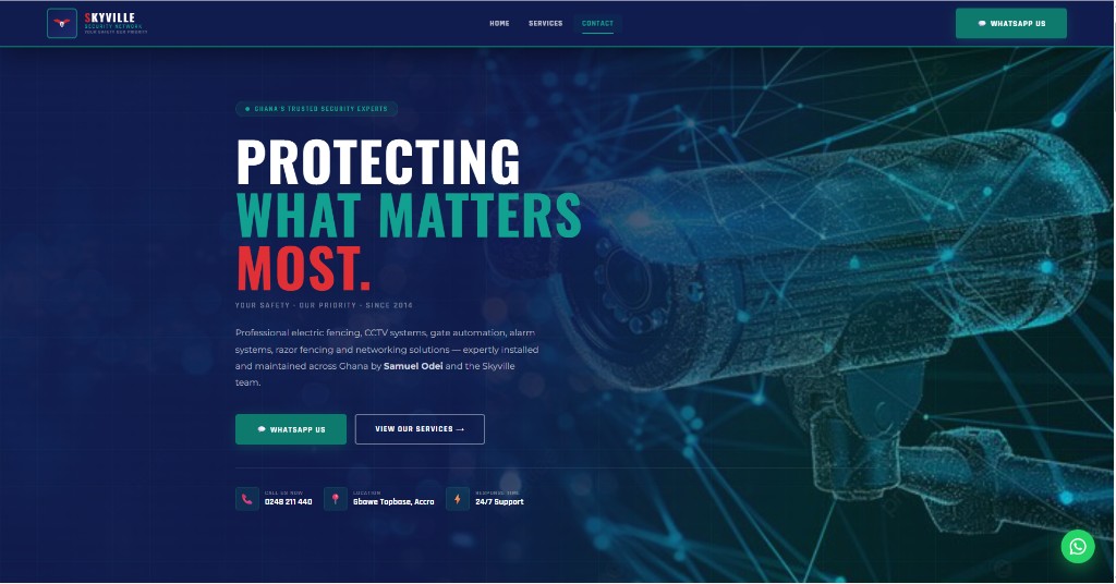Skyville Security Network website — hero section with CCTV graphic and security services headline
